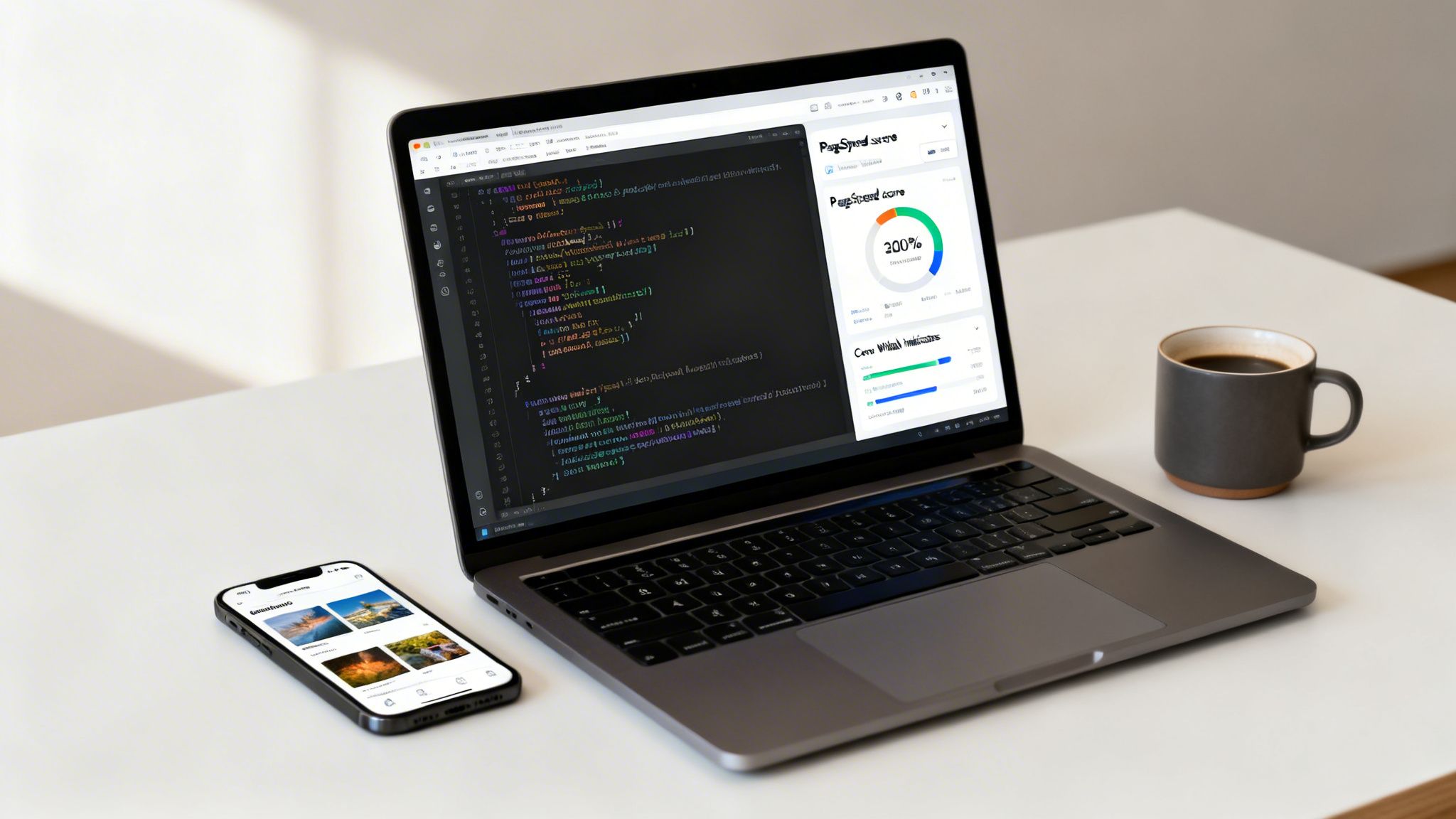 A modern workspace with a laptop showing code and a 200% PageSpeed score, a smartphone, and a coffee cup.