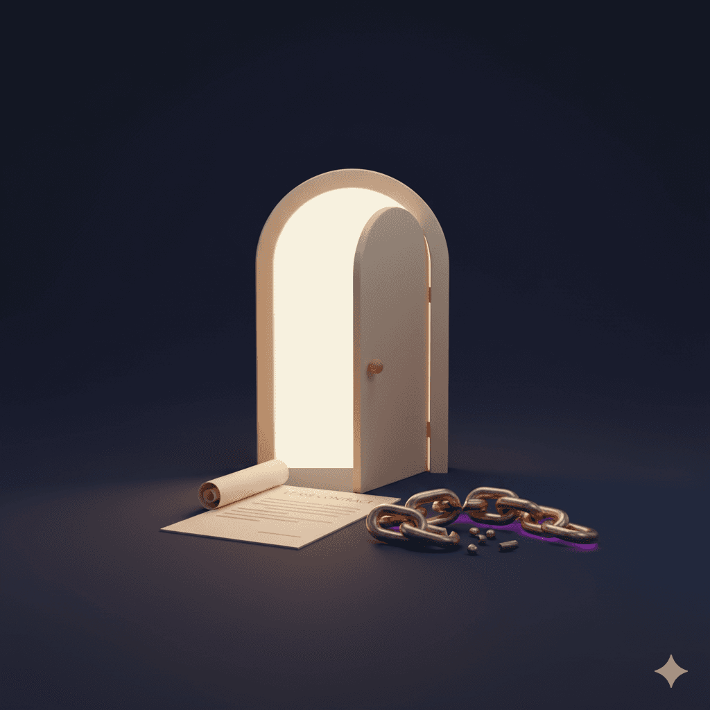 An open door with warm light and a broken chain beside a lease contract on the floor, representing a tenant legally exiting a rental agreement early