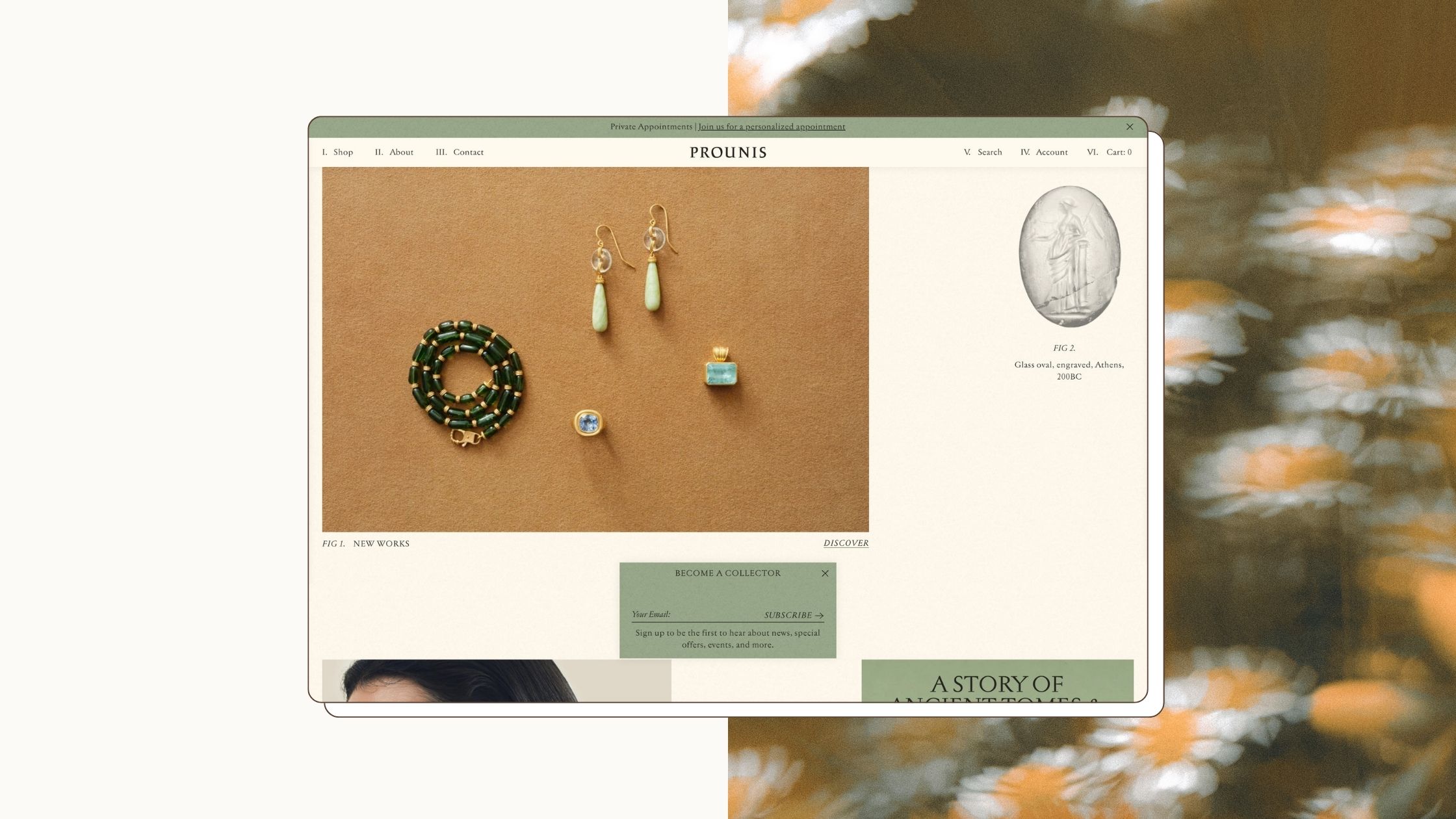 Prounis jewelry split screene ditorial Shopify layout