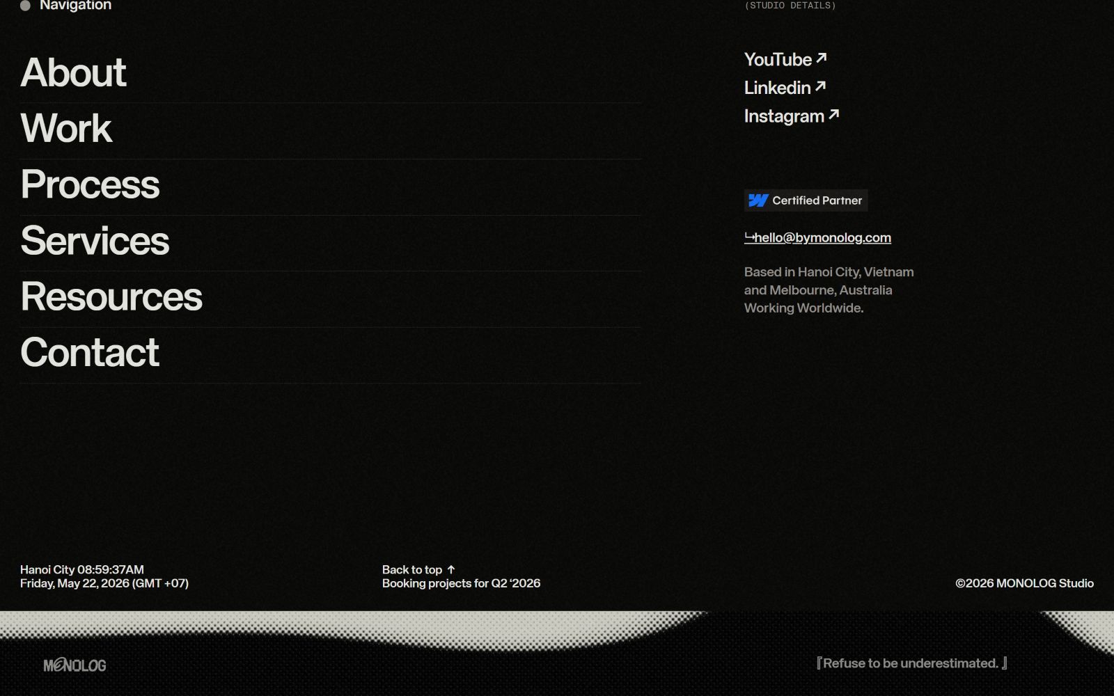 Black webpage footer with navigation links and contact info. Text includes: "YouTube," "LinkedIn," "Instagram," "Back to top," and location details.
