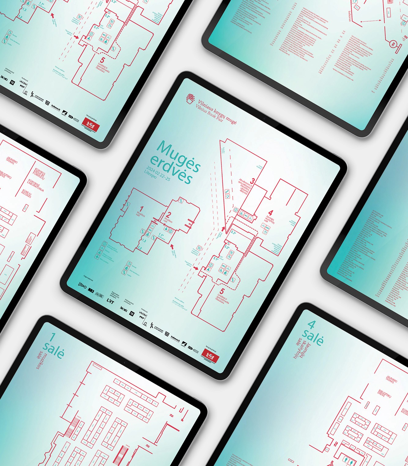 iPad mockups displaying floor maps and visitor leaflets for Vilnius Book Fair 2024
