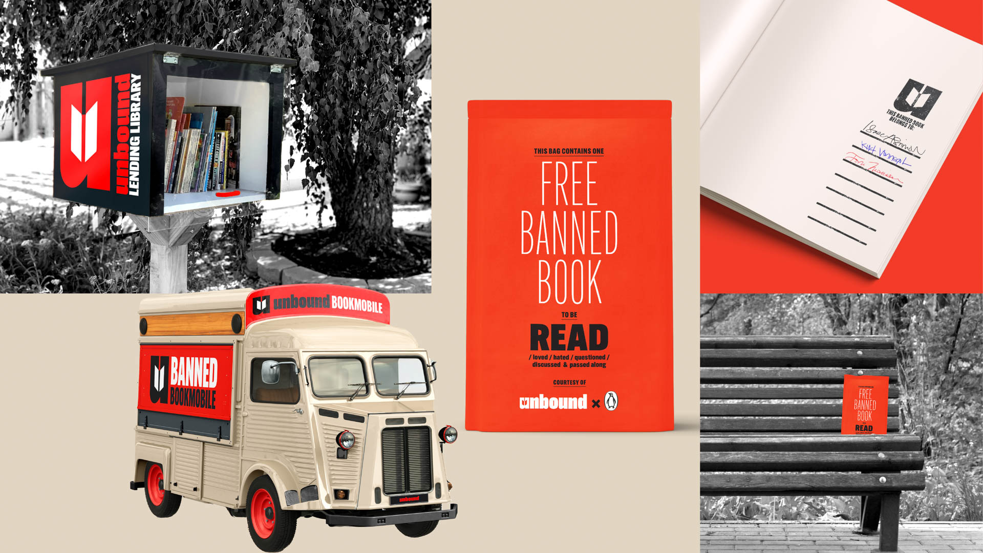 A collage of images features a red book titled "FREE BANNED BOOK TO BE READ" on a red background. The book is labeled "COPYRIGHTED BY cunbound." The collage also includes images of a book-boxing truck, a book on a bench, and a book on a stand, all with red and black color schemes.