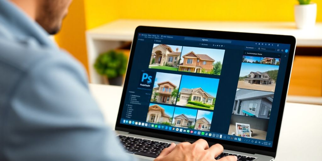 Real estate professional editing photos on Adobe Photoshop.