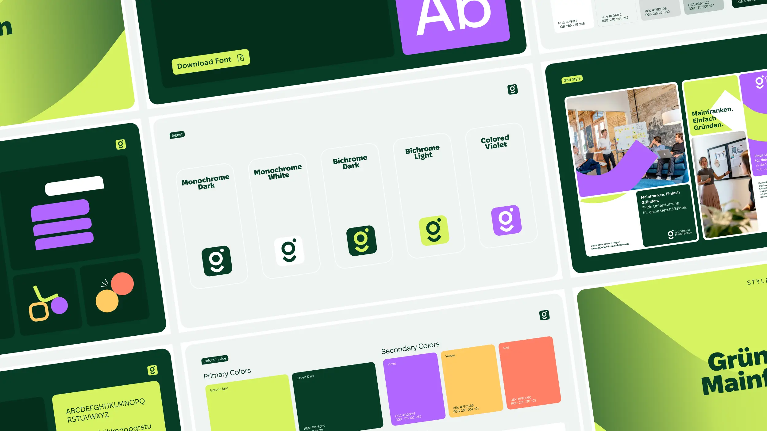 Corporate-Design-Board mit Logos, Farben und Layout-Beispielen