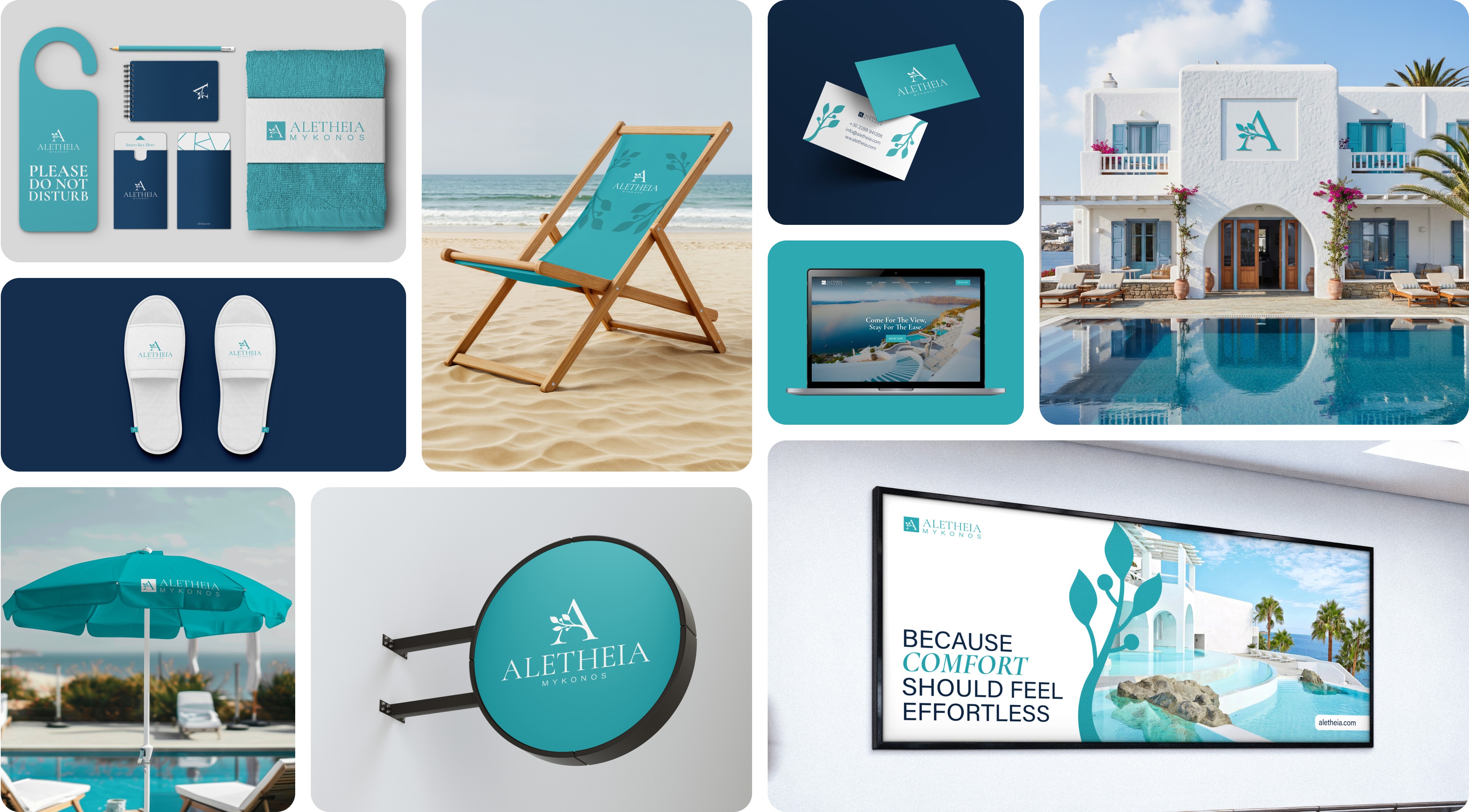 Grid of mockups featuring branding for a Greek hotel in Mykonos