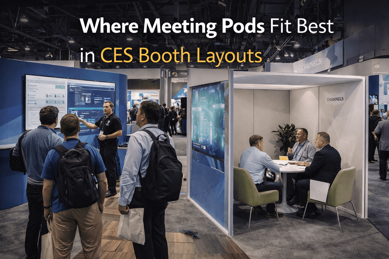 CES booth layout in Las Vegas with a semi-open meeting pod beside the demo zone, open traffic flow, and a technology presentation area