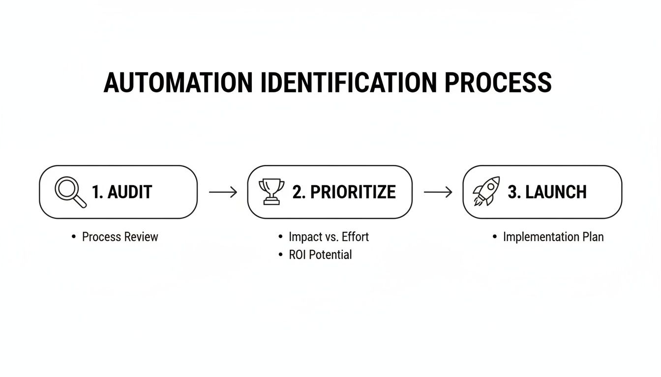 A diagram outlining the 3-step automation identification process: Audit, Prioritize, and Launch.