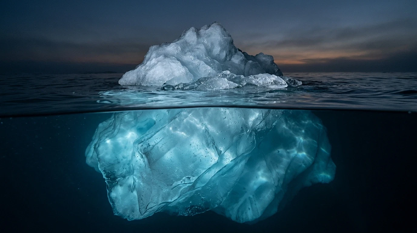 Iceberg flutuando em águas escuras com pequena ponta visível acima da superfície e massa gigantesca submersa, ilustrando os custos ocultos de montar equipe de marketing interna em Uberlândia.