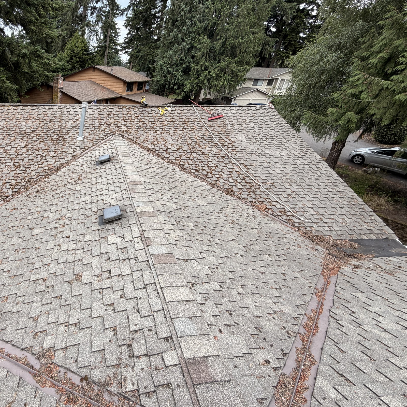 Before: aerial view: roof cleaning & moss removal in Everett, WA