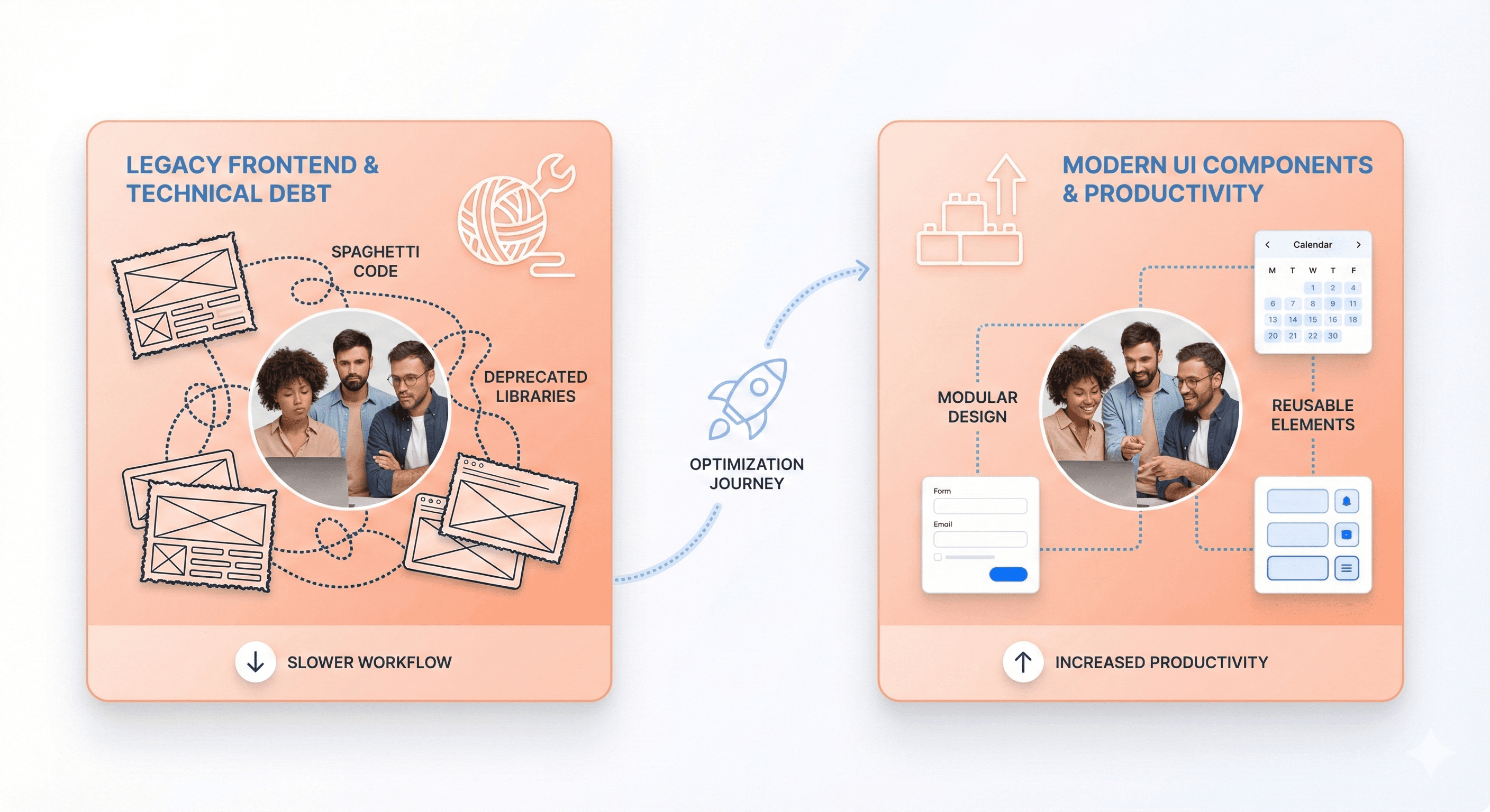 Developers struggling with technical debt in legacy frontend systems compared to streamlined modern frontend components