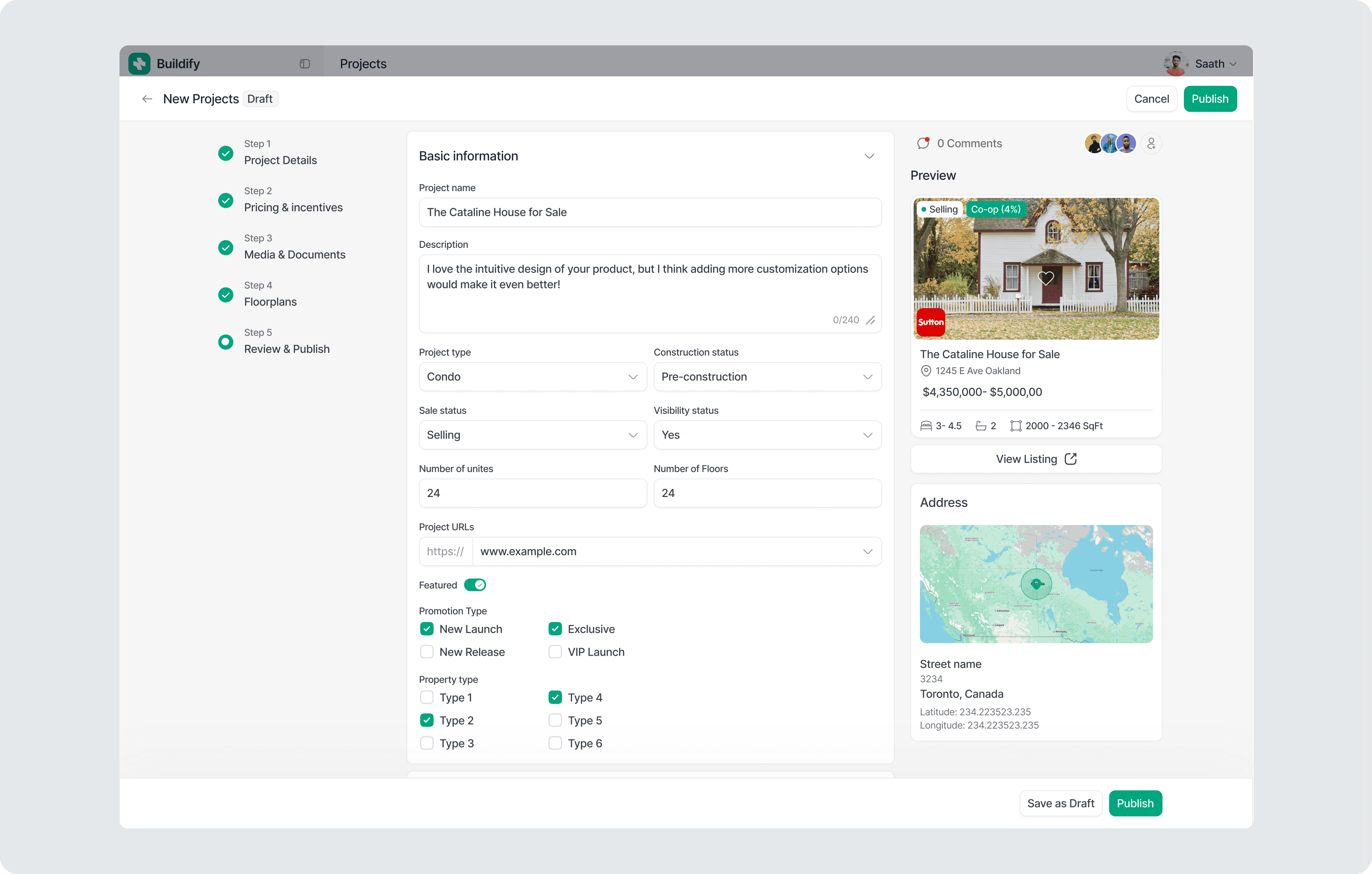Step-by-step project creation workflow for pre-construction listings including pricing, media uploads, floor plans, preview panel, and publish controls.