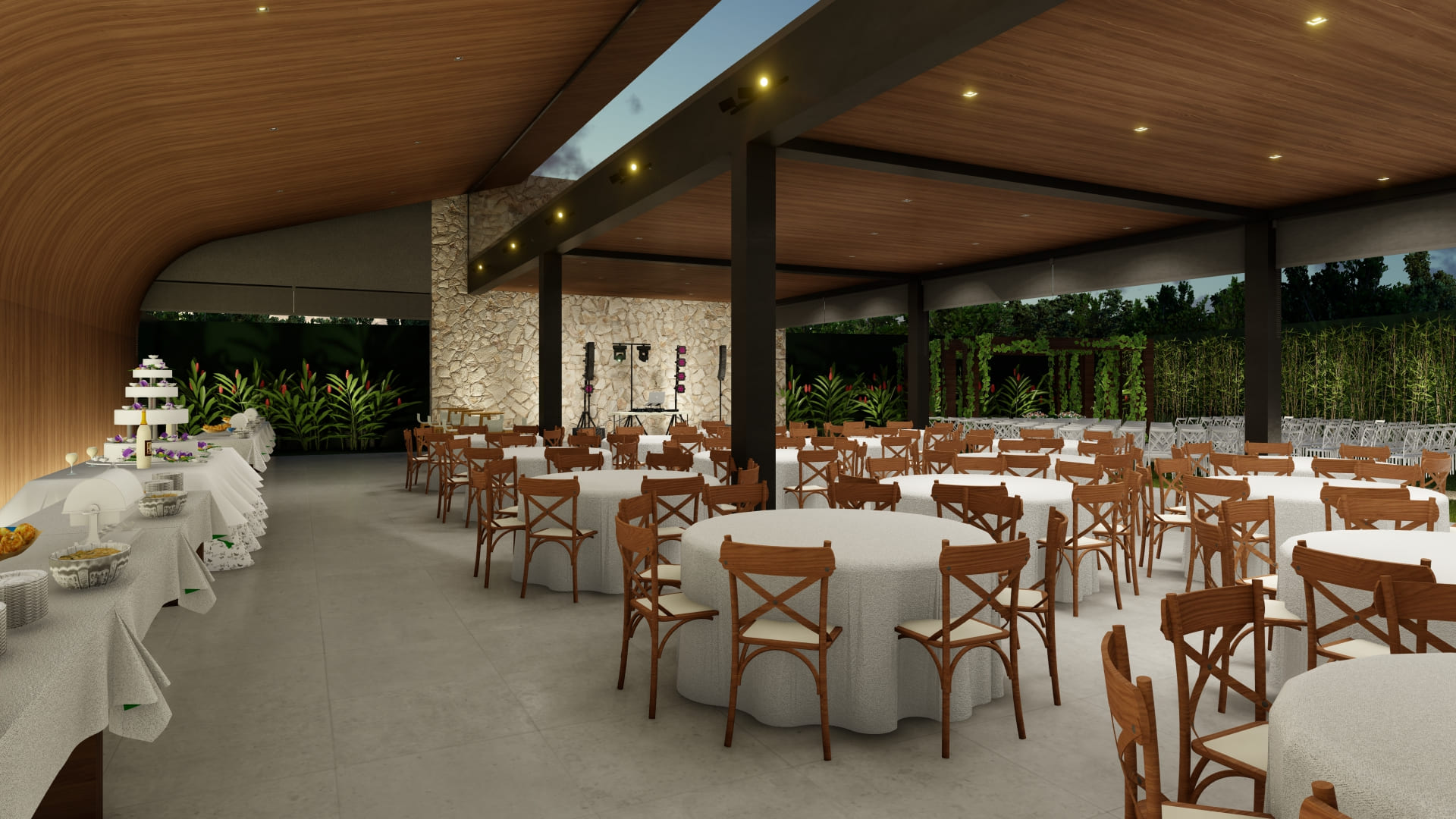 Projeto arquitetônico de casa de festas desenvolvido pela Meraki Arquitetura, com salão principal, forro curvo e claraboia voltada para o sol da manhã.