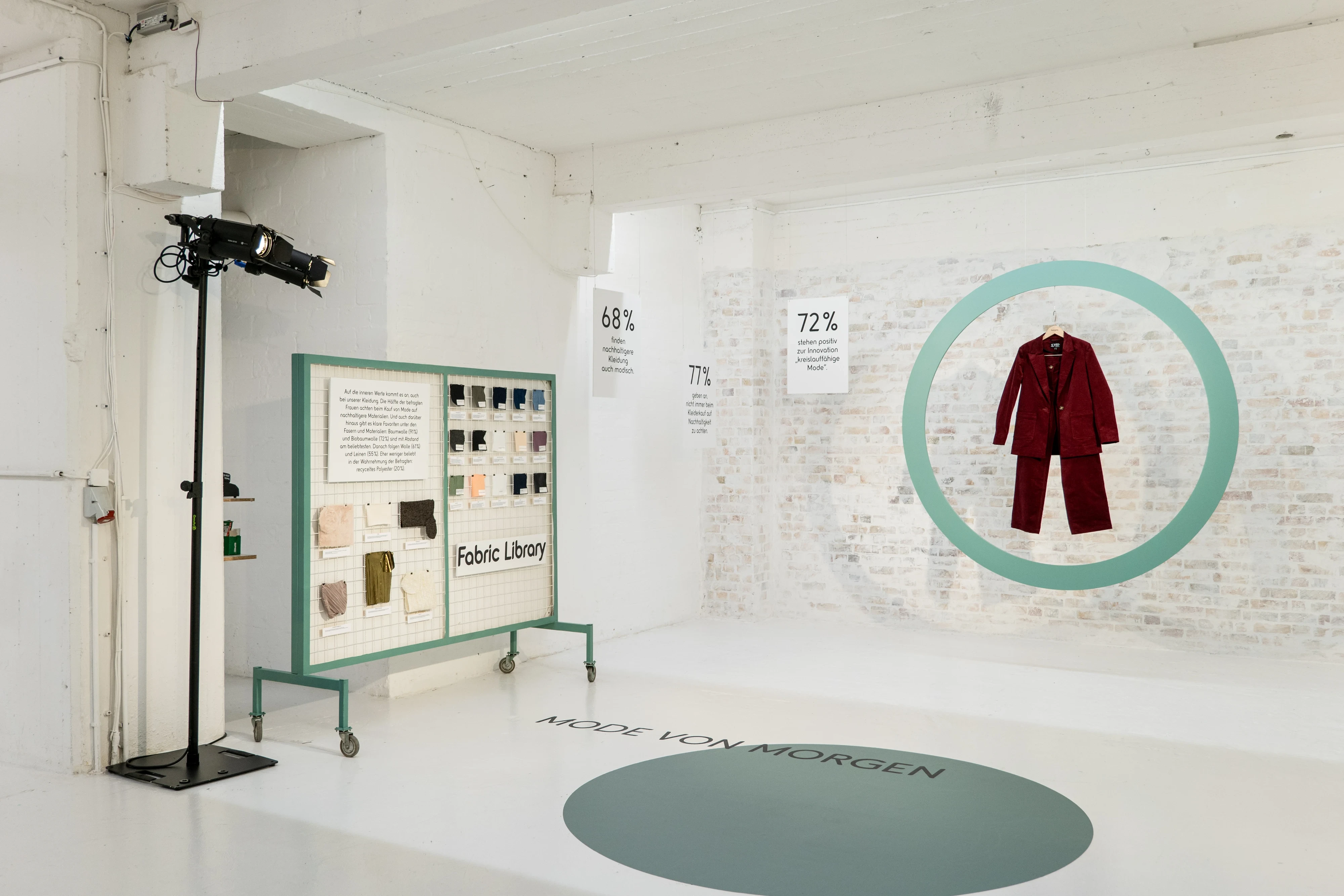 White room with Fabric Library board, statistics panels and red velvet suit in a green ring display.