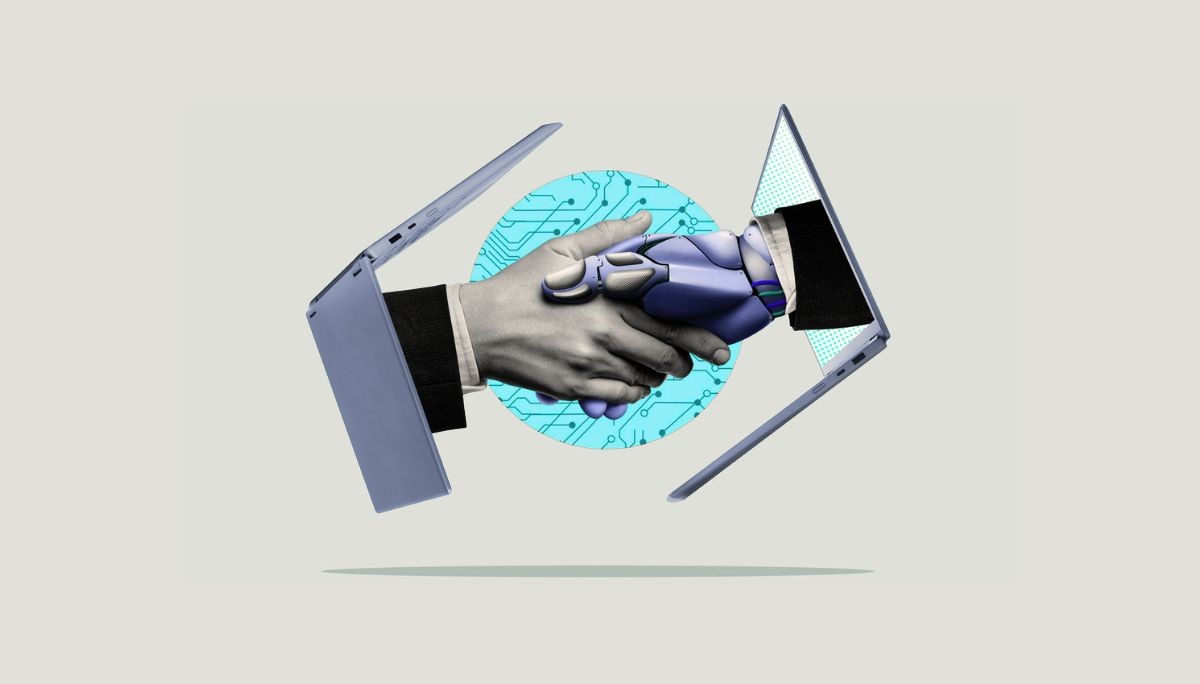 Stylized image of digital handshake with circuit background, depicting Handshake AI.