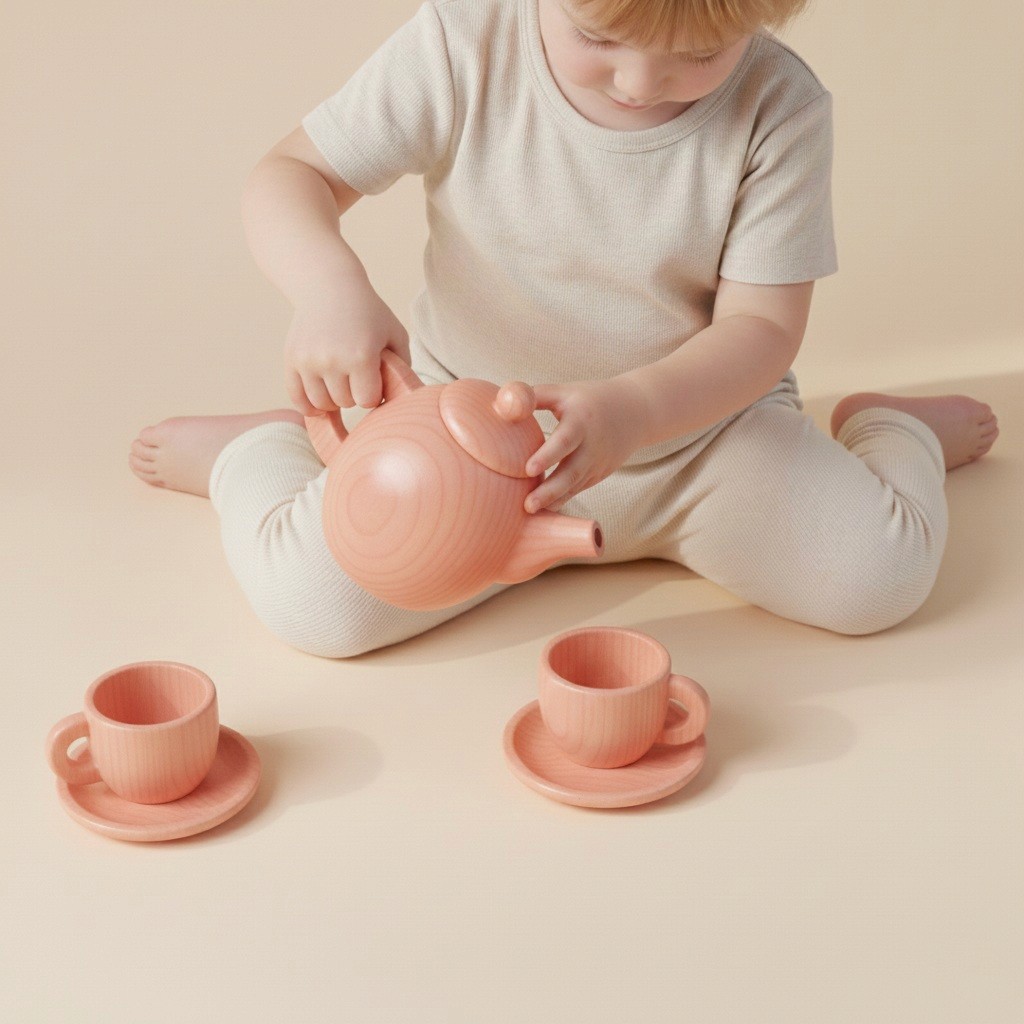Child sitting on a cream background playing with a natural wood tea set in soft coral pink.