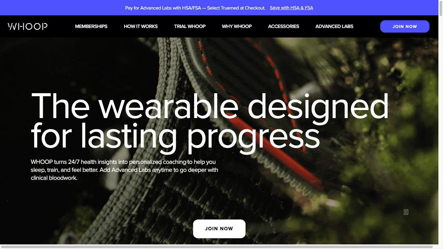 WHOOP wearable fitness tracker homepage