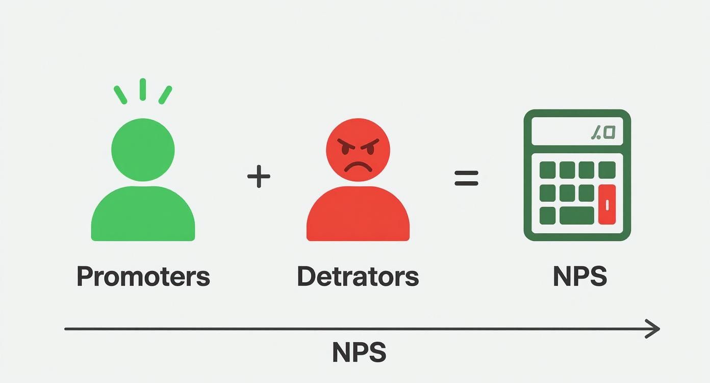 Een afbeelding die de Net Promoter Score (NPS) uitlegt met promotors, detractors en een rekenmachine.