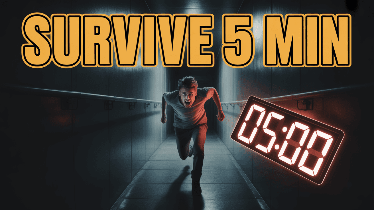 Horror survivor sprinting down dark corridor beside glowing 05:00 survival timer and SURVIVE 5 MIN headline