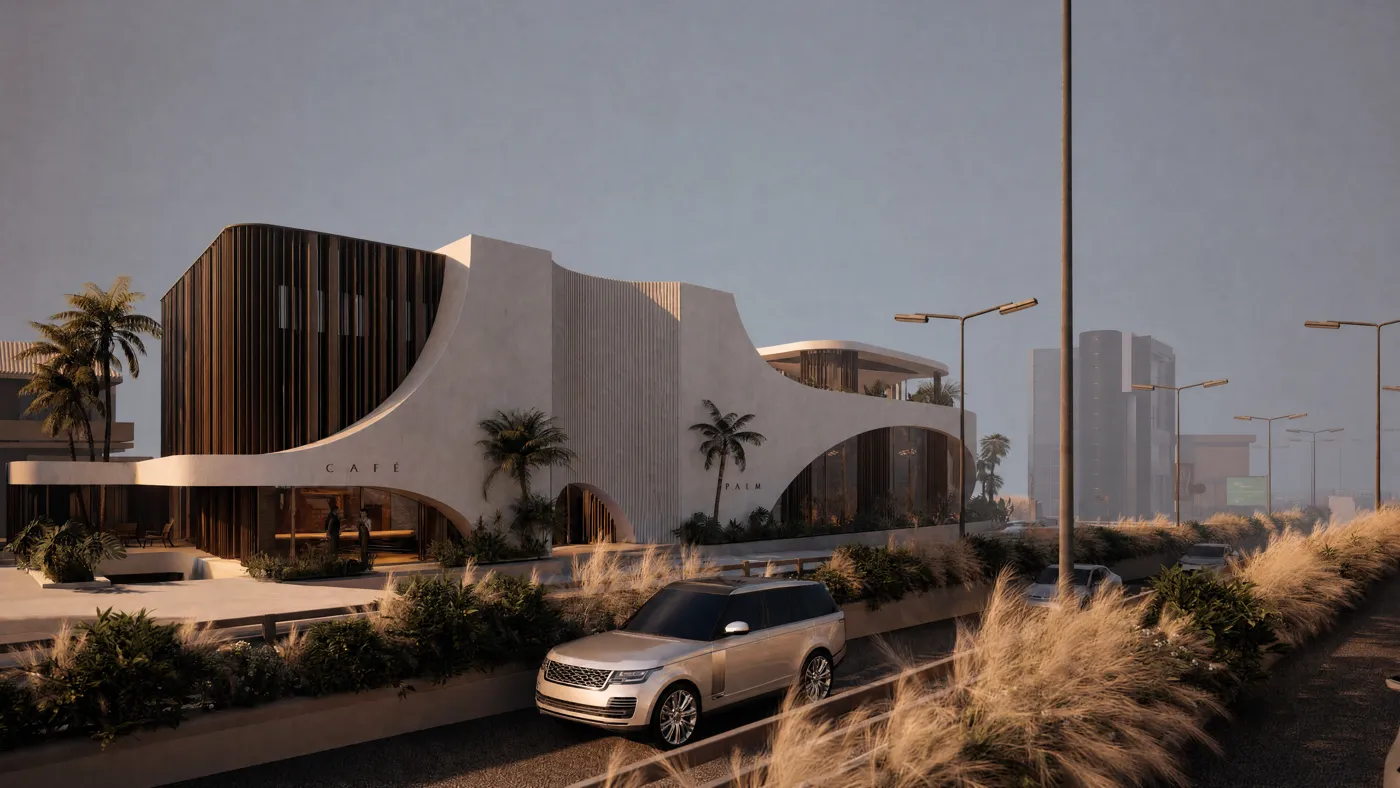 Palm Wellness, street level, AI-generated visualization by TERAMOK