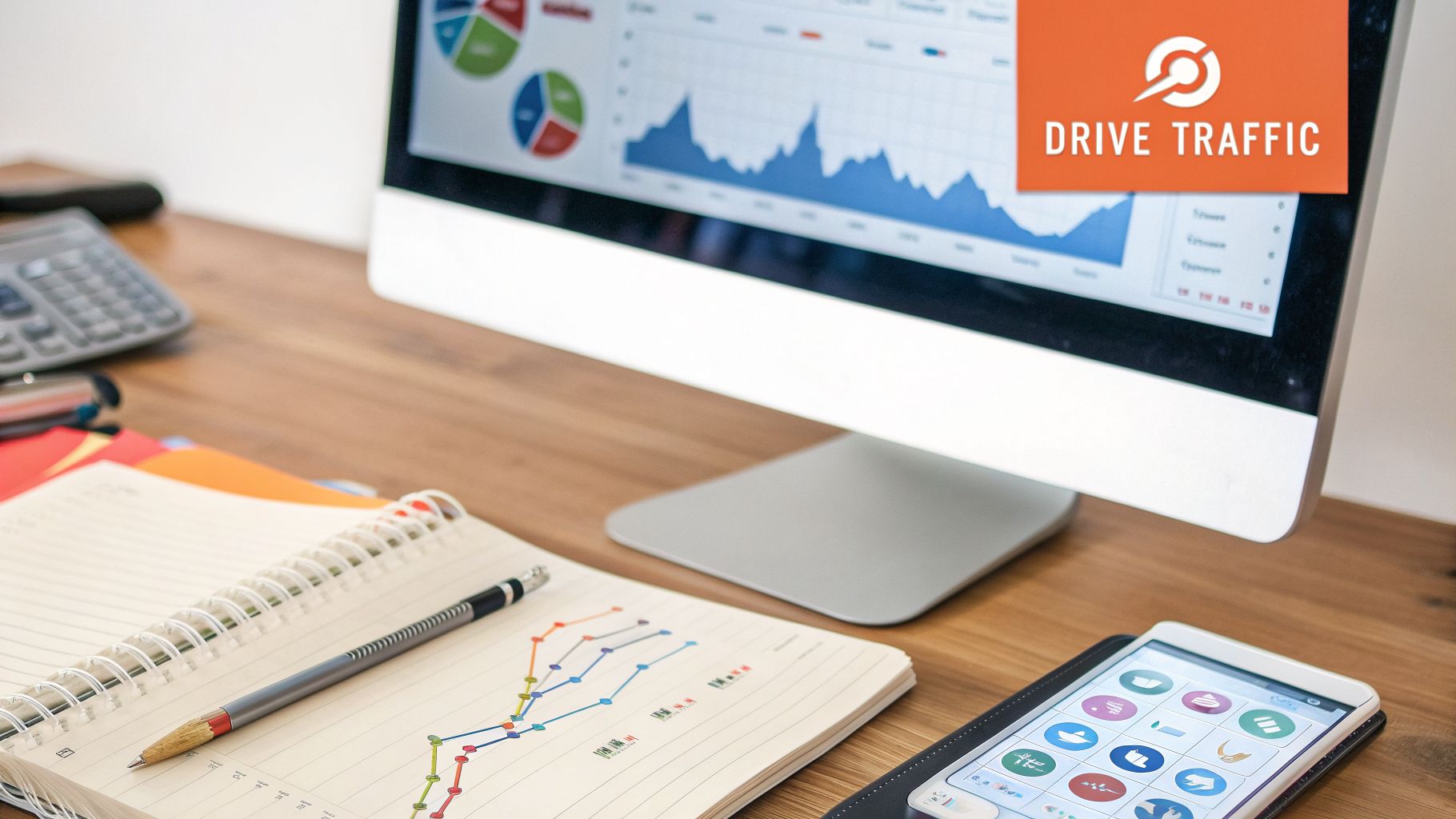 A desk setup with a computer displaying charts, a notebook with graphs, a smartphone, and a calculator.