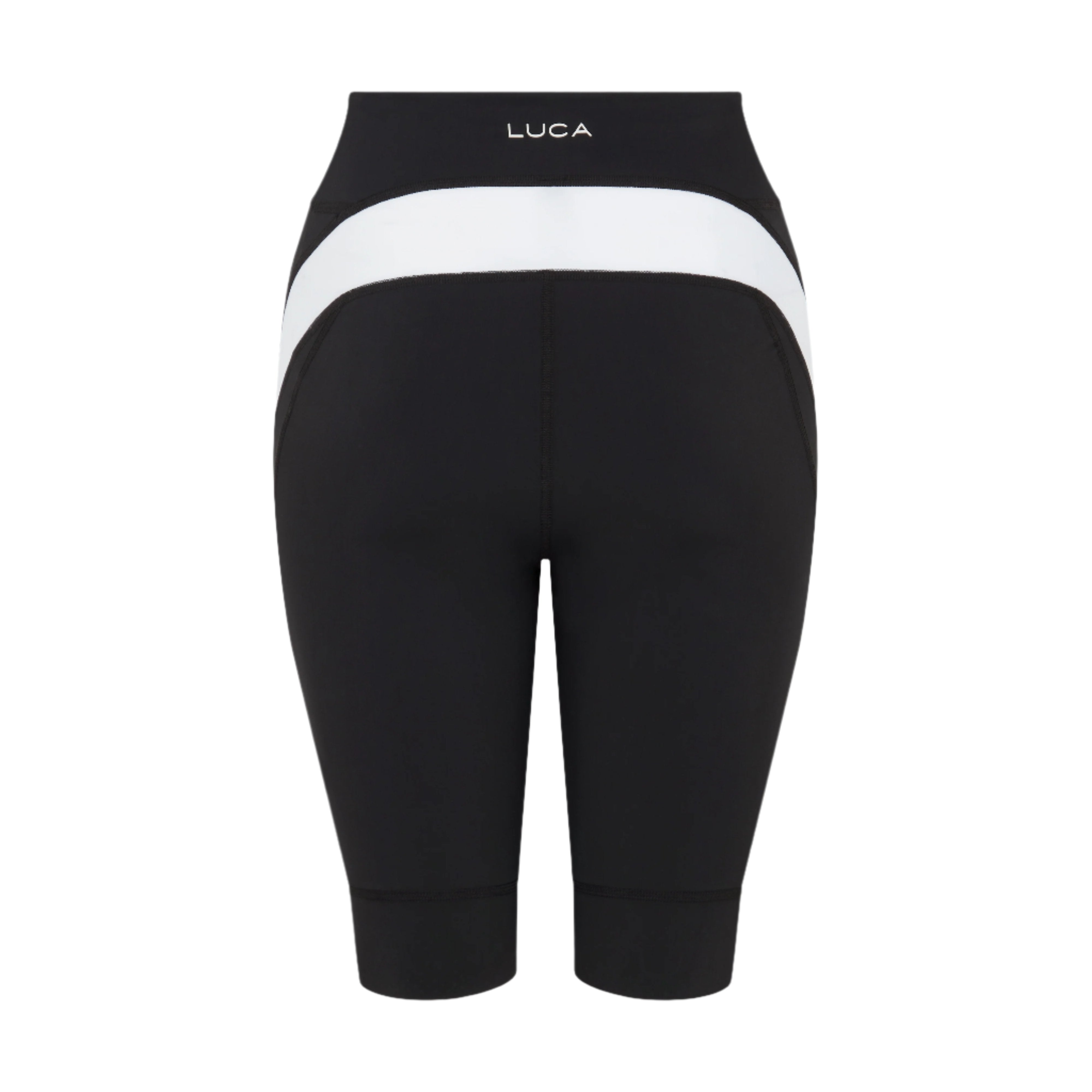 Back-view-of-black-high-waisted- biker-shorts-with-a-bold-white- contrast-band-across-the-rear-and- curved-white-side-panels-LUCA- brand-mid-length-athletic-shorts-for-cycling