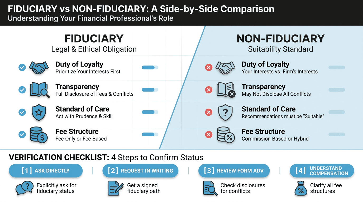 Side-by-side infographic comparing fiduciary and non-fiduciary features with simple filled icons and a four-step verification checklist beneath, using the brand blue and soft secondary accents for emphasis.