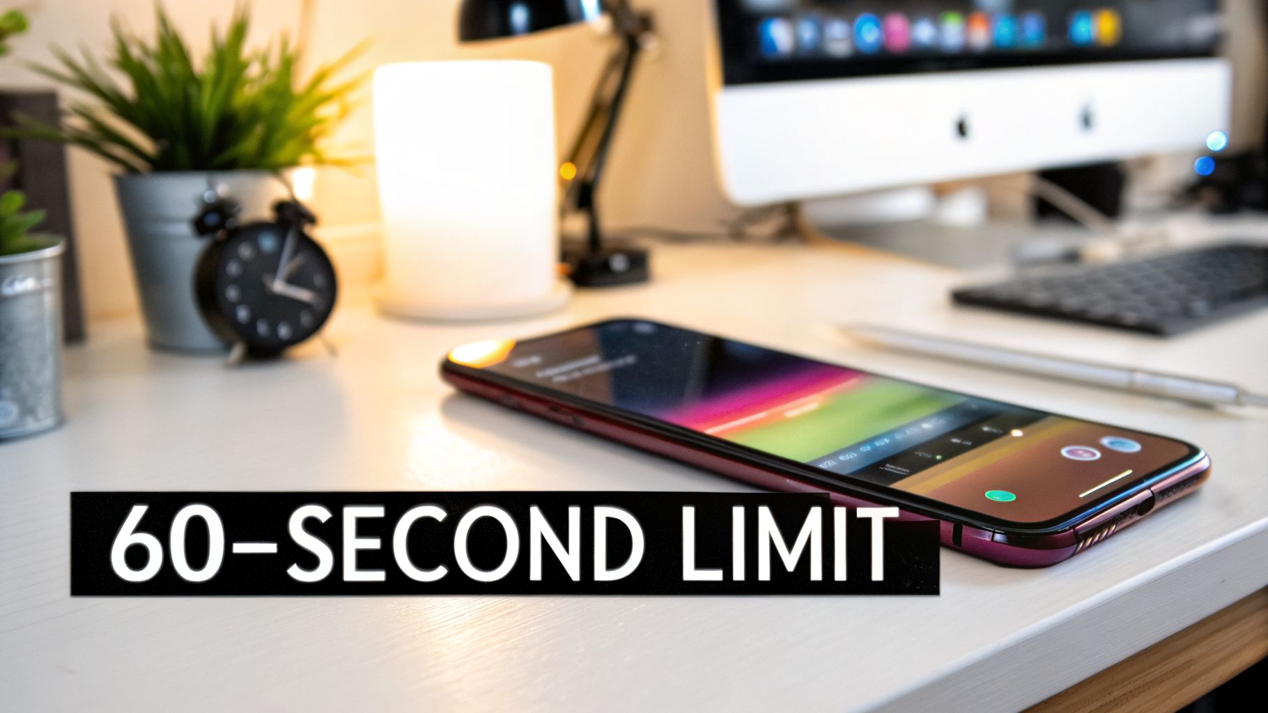 A smartphone on a white desk with a computer, displaying a colorful screen, with '60-SECOND LIMIT' text.