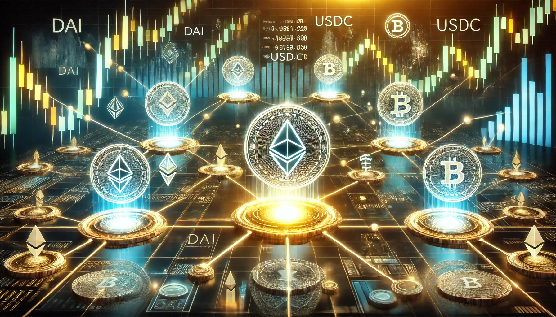 Crypto-themed image featuring charts, digital coins, and market trends, representing cryptocurrency trading and blockchain technology.