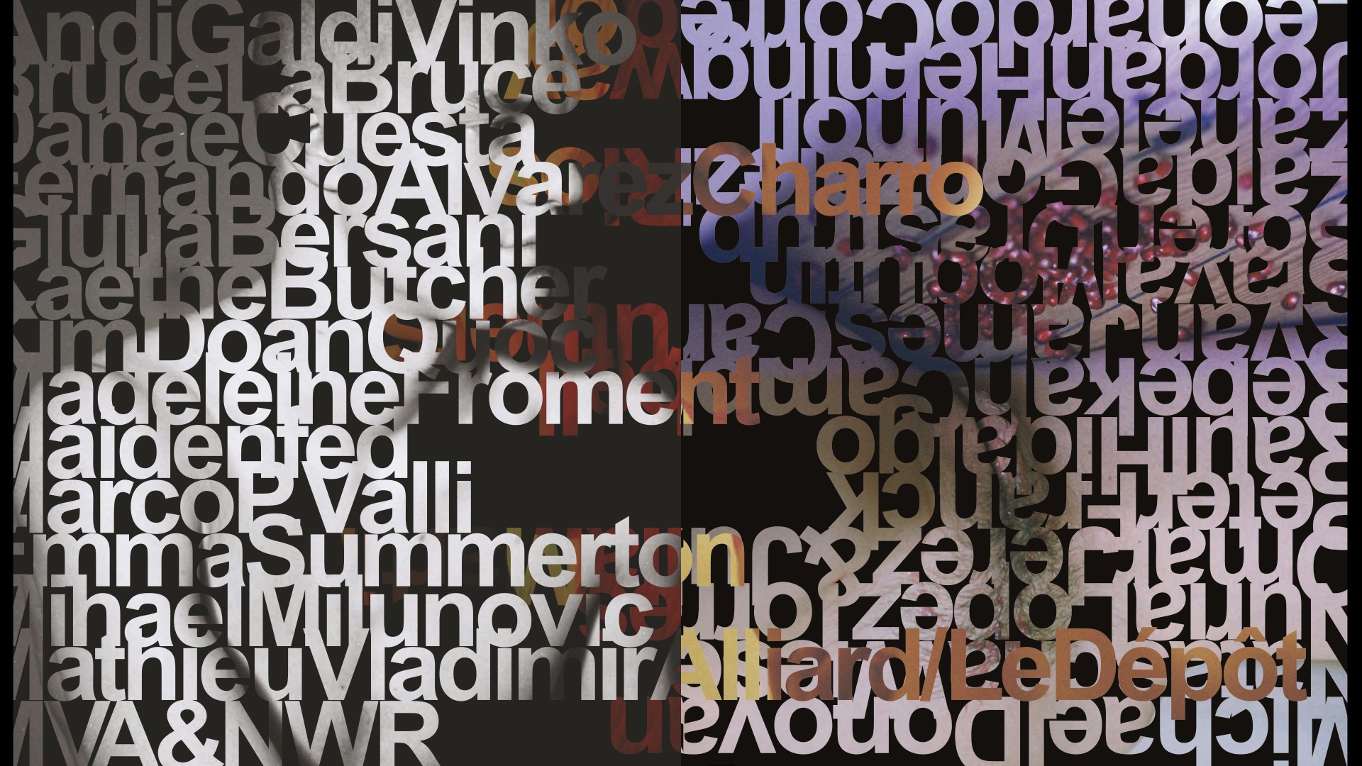 A close-up of a textured surface with a mix of text, featuring dark and light colors and geometric designs.