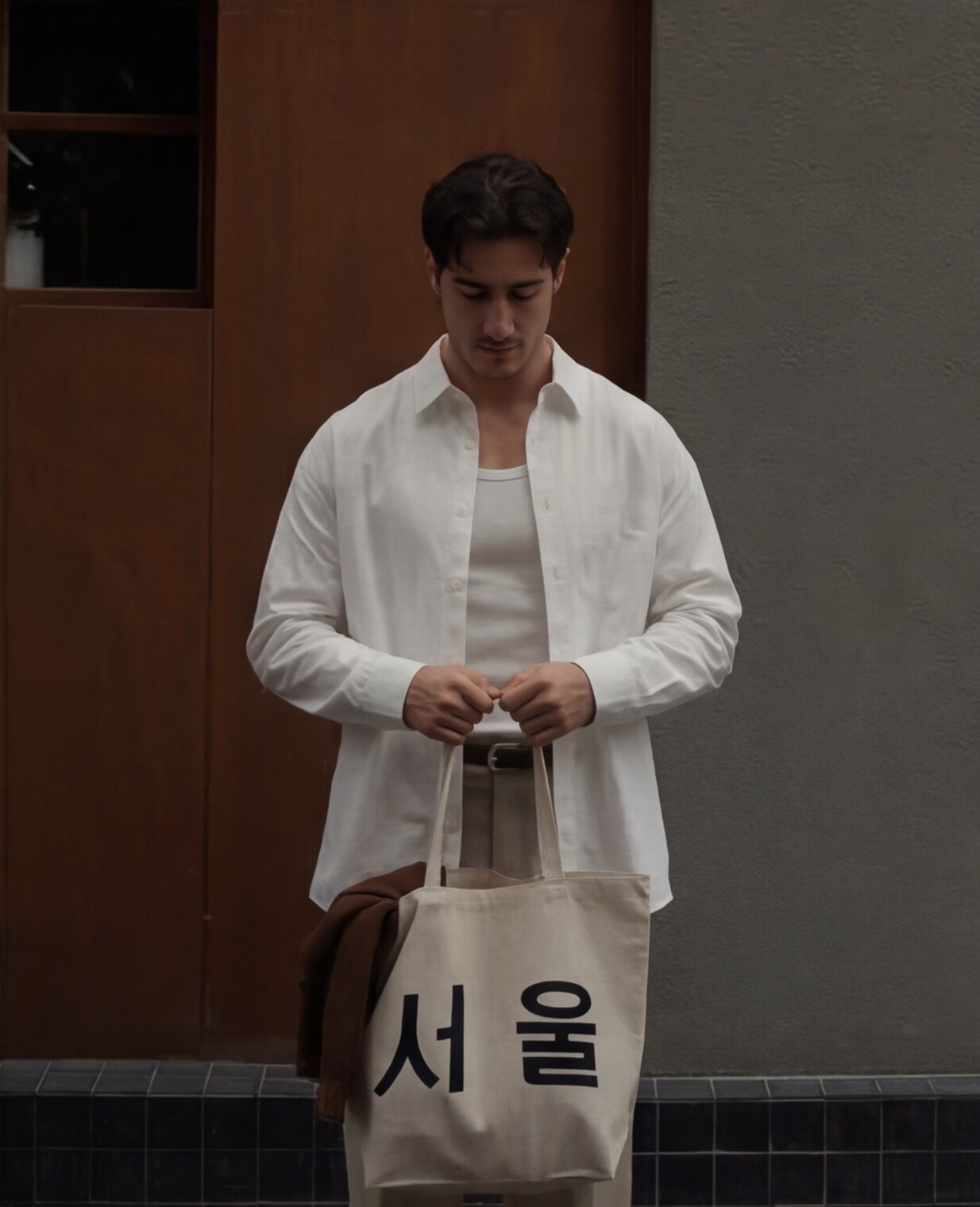 White Overshirt with Beige Tailored Trousers