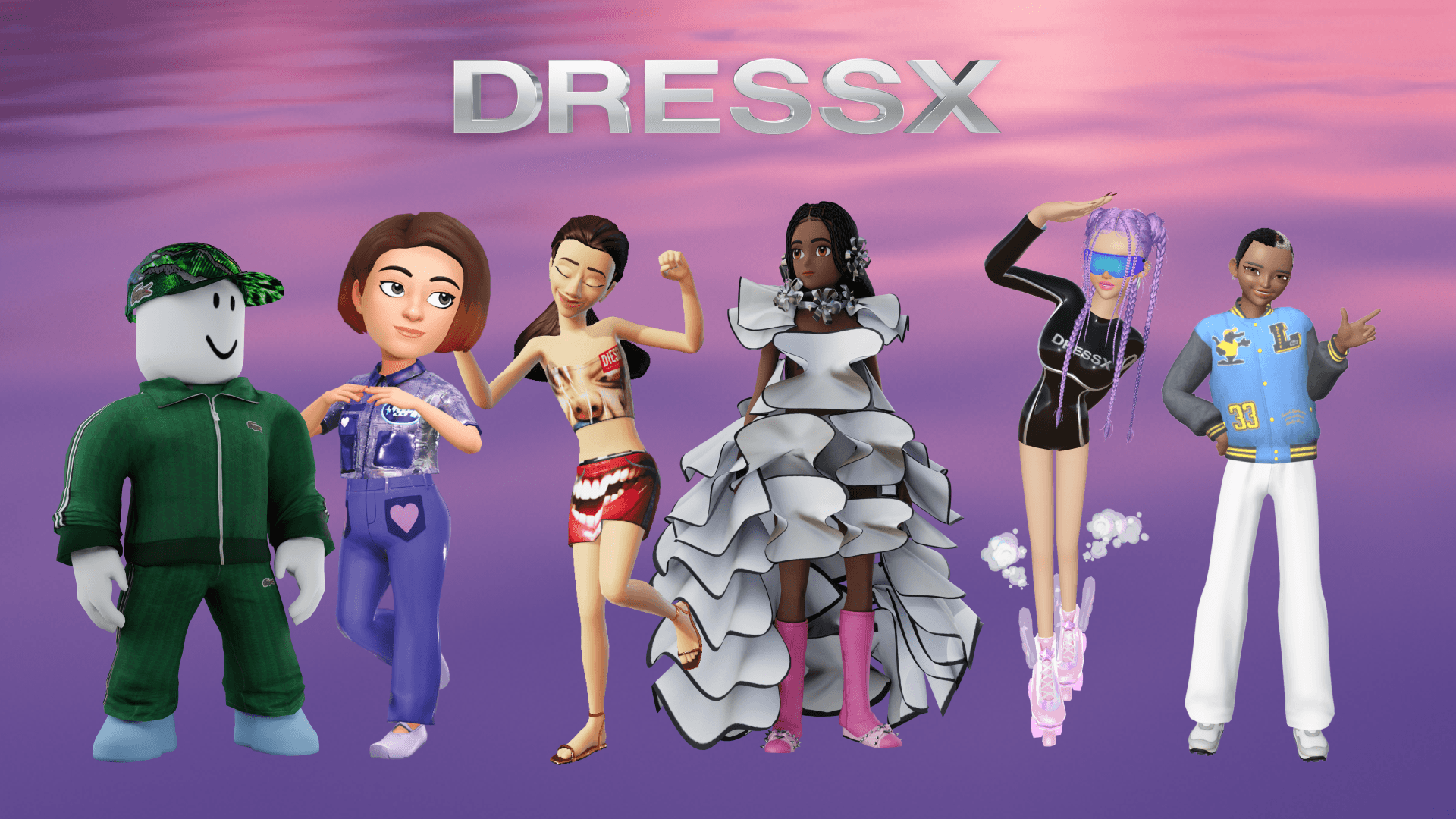 The image features a vibrant lineup of digital avatars dressed in diverse, stylish virtual outfits, set against a gradient background with the bold "DRESSX" logo prominently displayed.