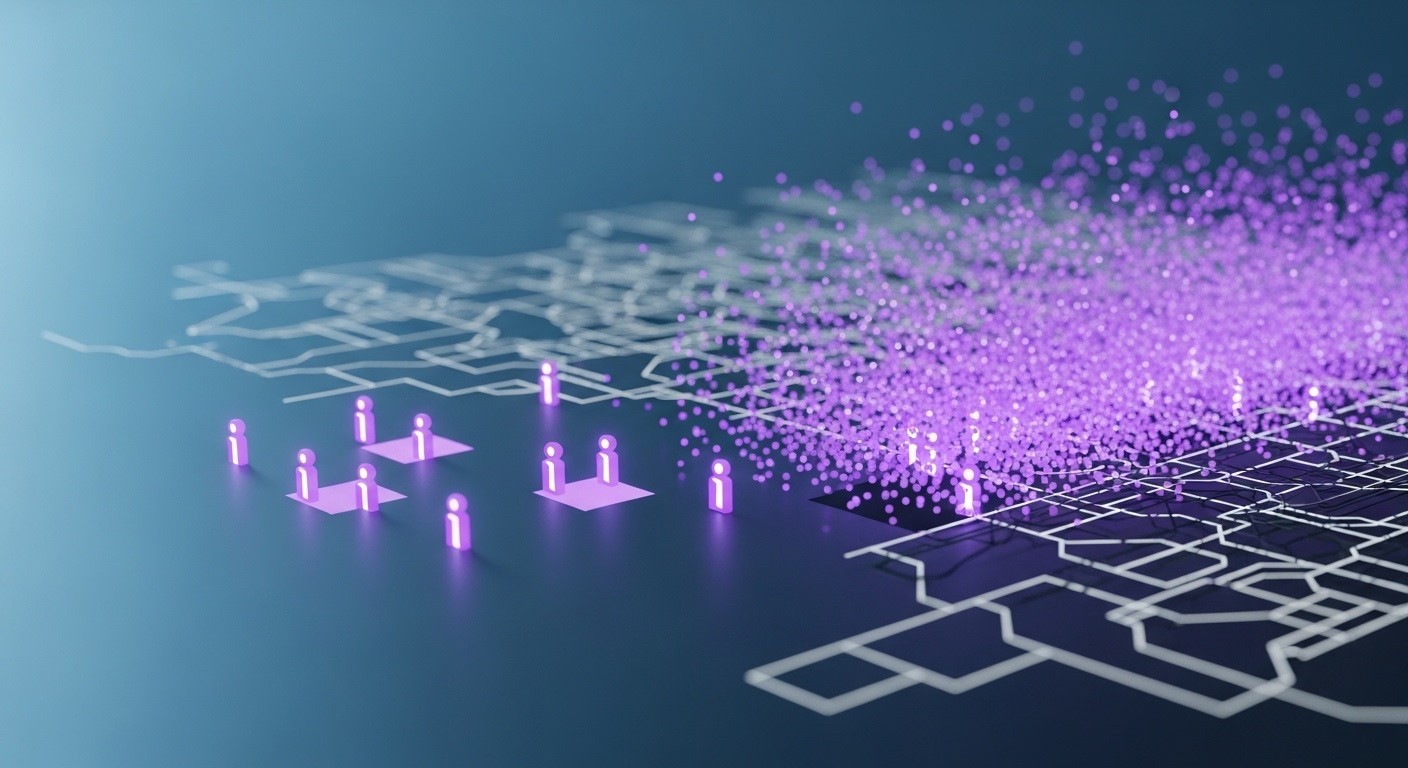 Abstract visualization of AI-driven audience discovery, user clusters, and data expansion across a digital network