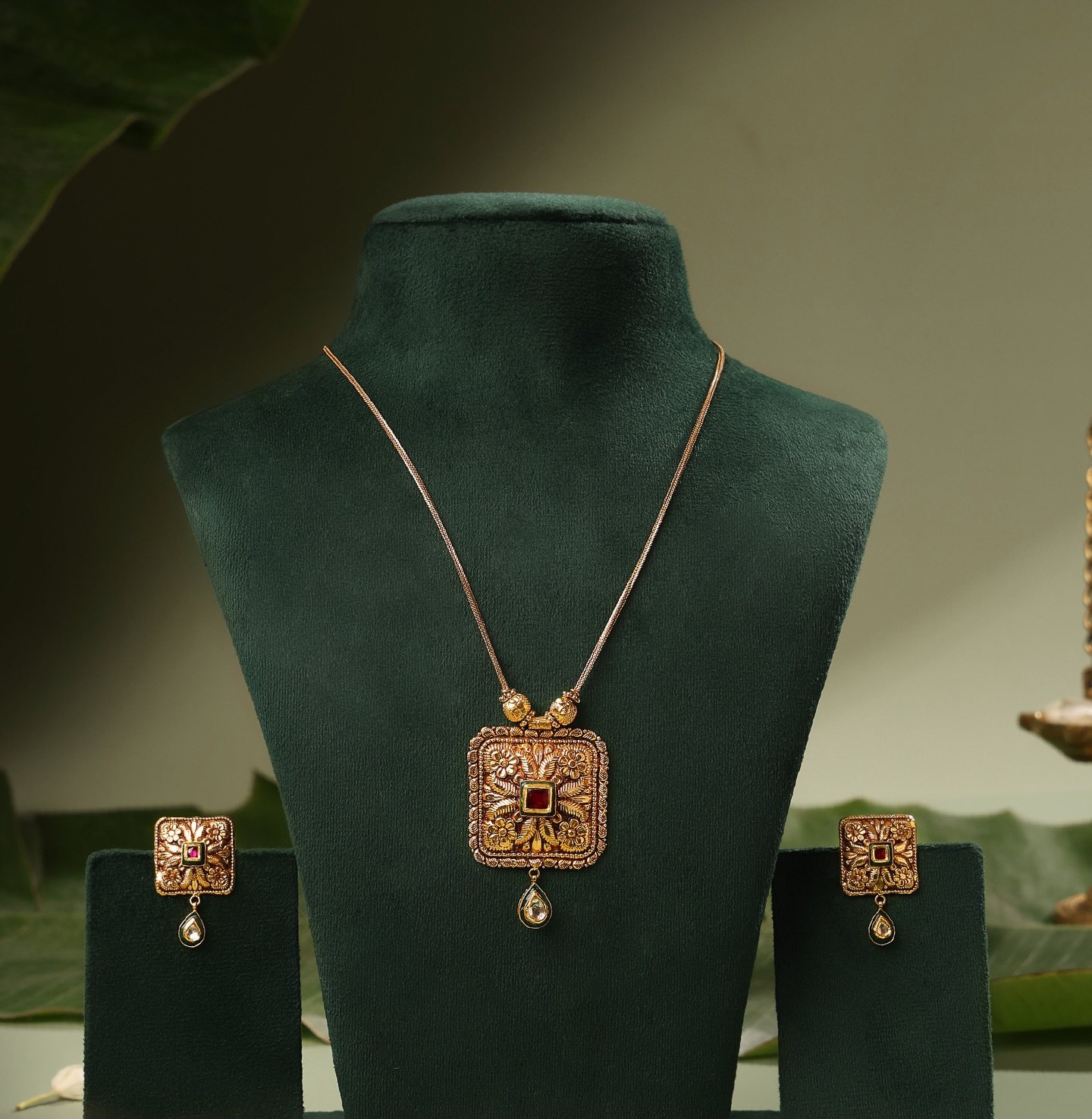 Square Pendant Set, 22K antique gold