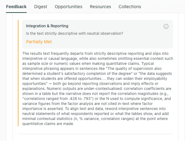 thesify feedback on integration and reporting checking for descriptive neutrality in results