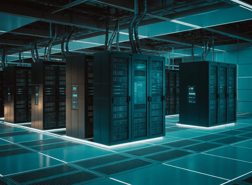 Secure enterprise data center with illuminated server racks and cooling infrastructure
