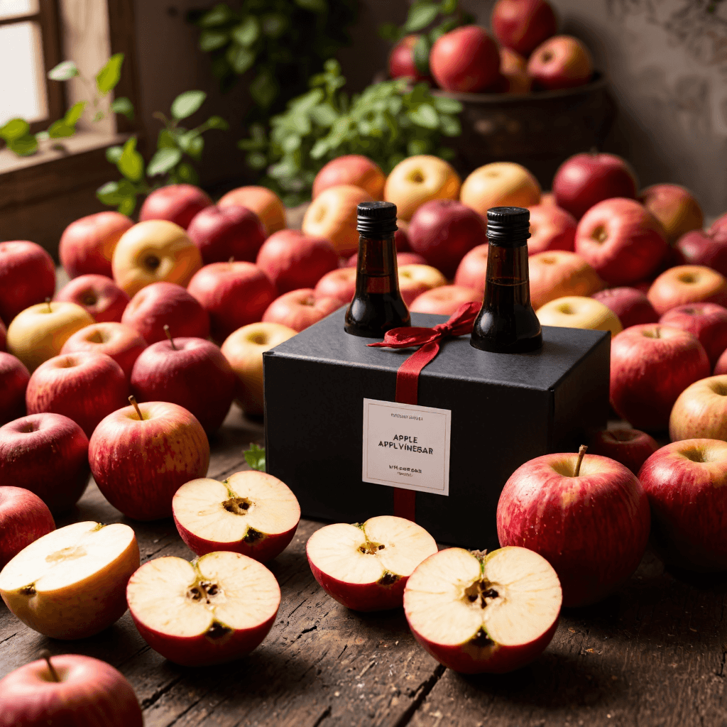 product photography of a gift set of three bottles of apple vinegar