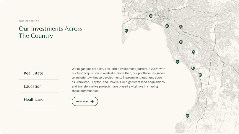 House of Brar’s investment presence map, designed by One Craft, displaying key real estate, education, and healthcare project locations across Australia