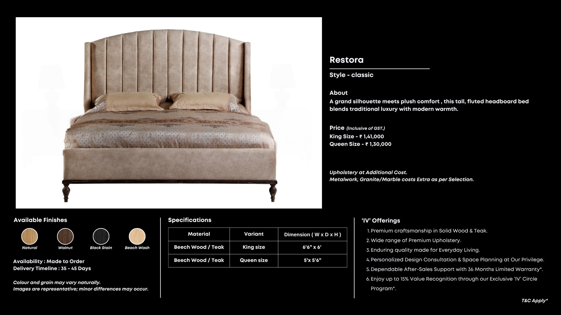 Neutral fluted headboard bed with turned wood legs.