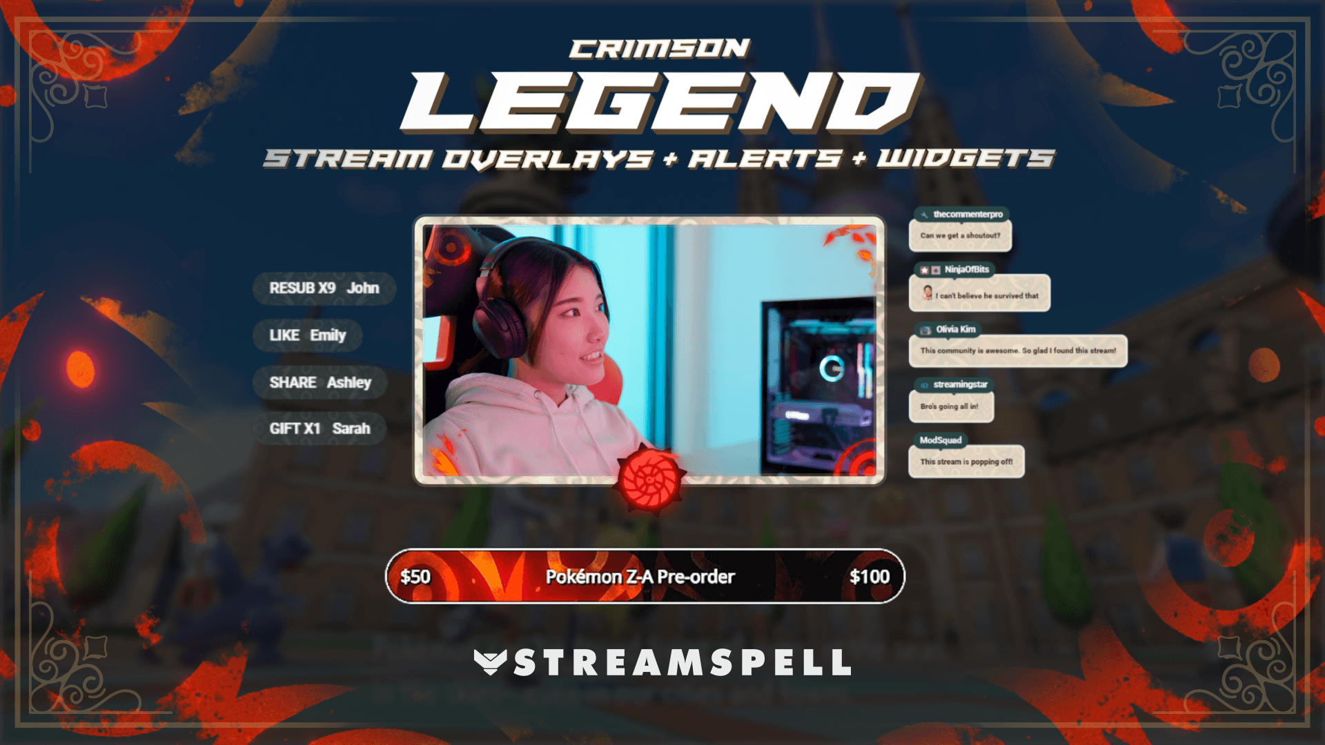 Crimson Legend Stream Package, a fiery Pokémon-inspired animated overlay for OBS, Streamlabs, Twitch, and YouTube