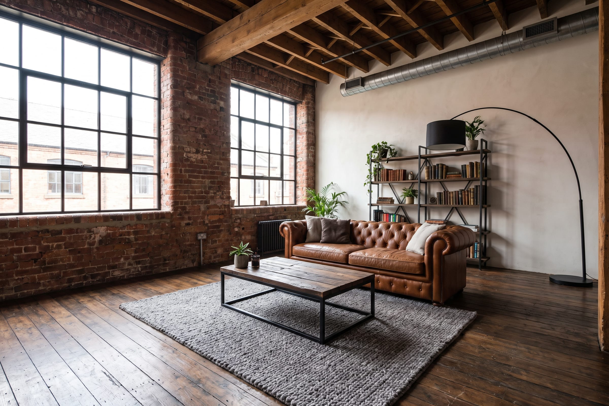 Loft-Wohnzimmer mit Ziegelwand, großen Sprossenfenstern, braunem Ledersofa, Couchtisch aus Holz und Metall und Bogenleuchte
