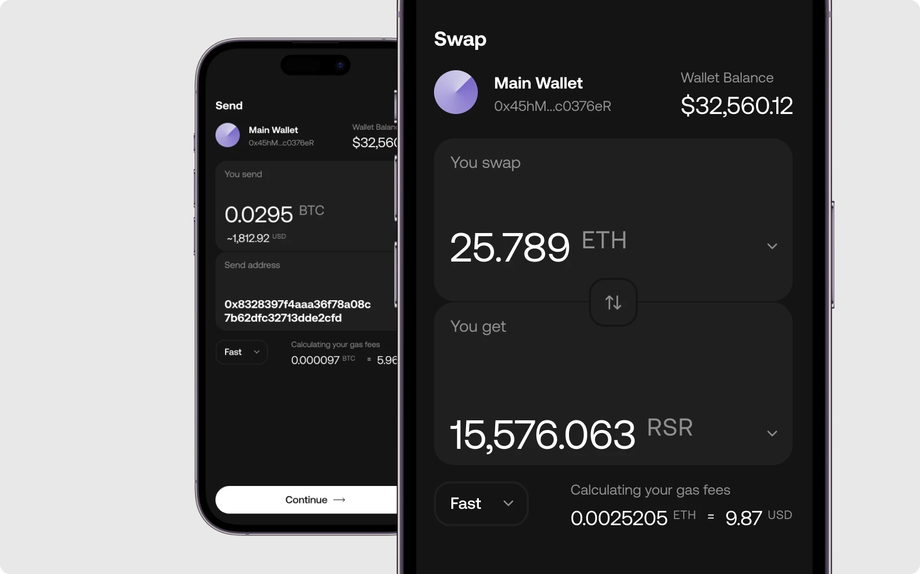 Dark-themed crypto wallet screens show a Bitcoin send form and an Ethereum-to-RSR swap, with balances, transaction details, and gas fees.