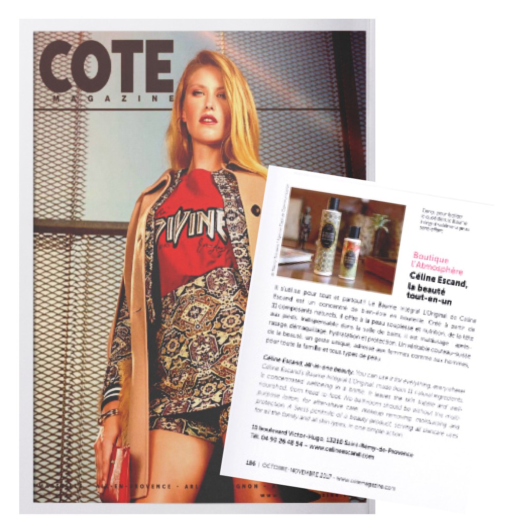 Magazine COTE présentant Le Baume Intégral dans la rubrique beauté, gamme de soins bio Made in Provence signée Céline Escand