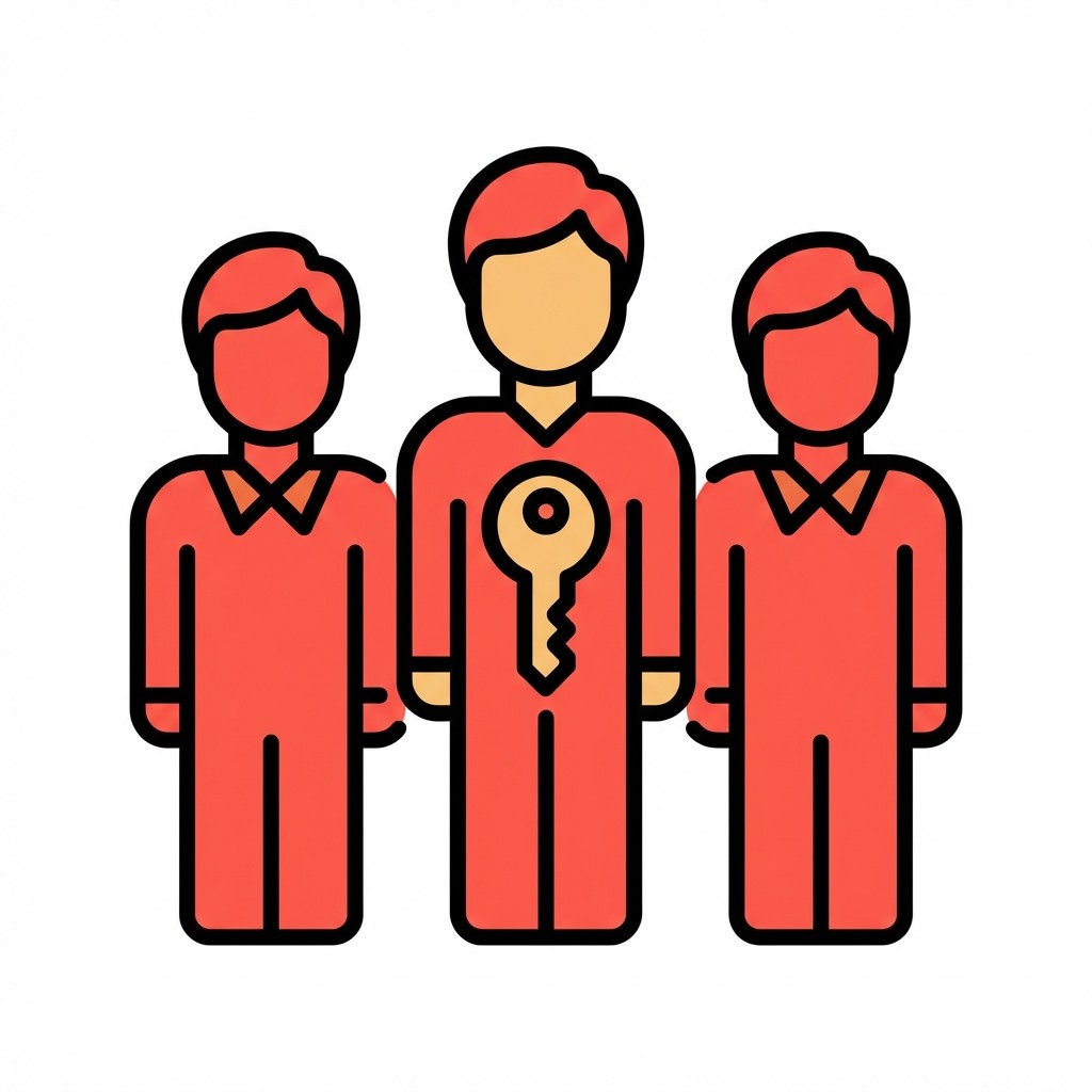 Icon mit drei roten Figuren nebeneinander; die mittlere Figur trägt ein großes, gelbes Schlüsselsymbol auf der Brust.