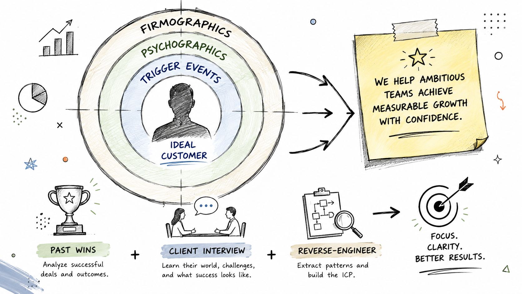 A diagram illustrating a strategic process to identify ideal customers through data analysis and client interviews.