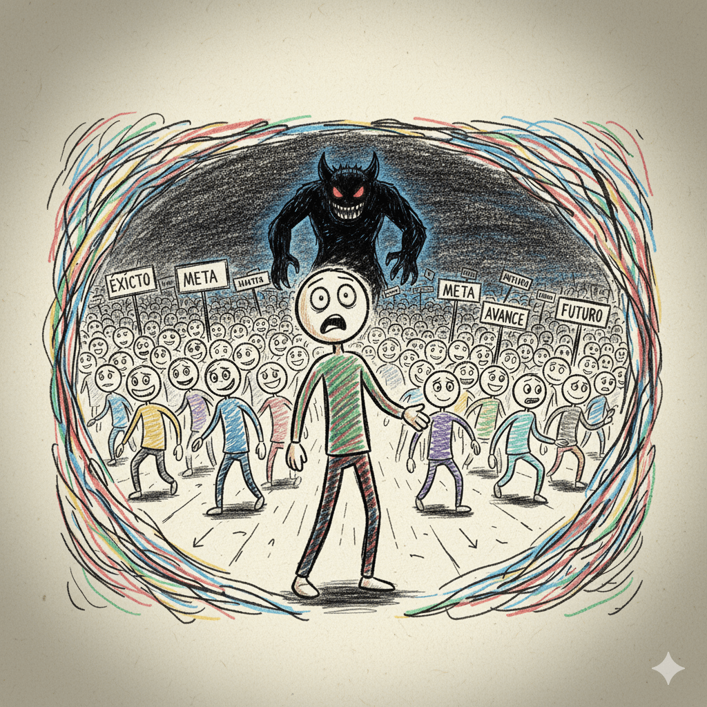 Persona sentada apoyandose con sus rodillas y sus manos en la cabeza teniendo angustia