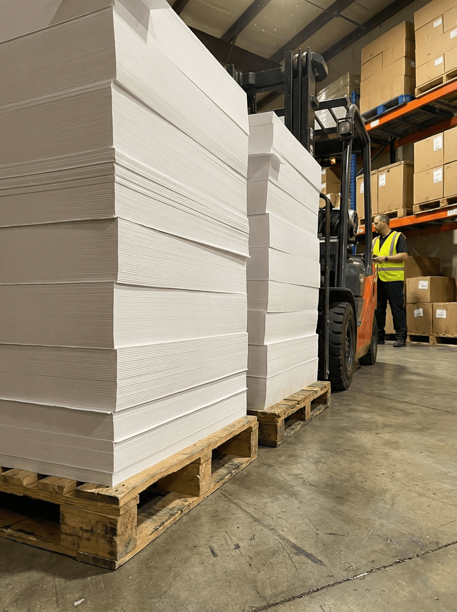 Pallets of high-grade 350gsm duplex board stock in Sarpac Kuching warehouse ready for heavy-duty cake box production.