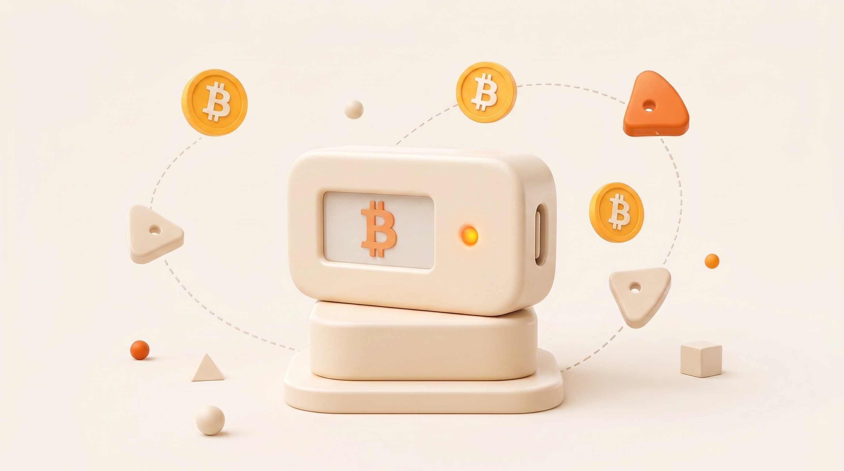 Illustration of a Bitcoin hardware wallet with a small screen displaying the Bitcoin logo, surrounded by floating Bitcoin coins and geometric shapes, representing self-custody