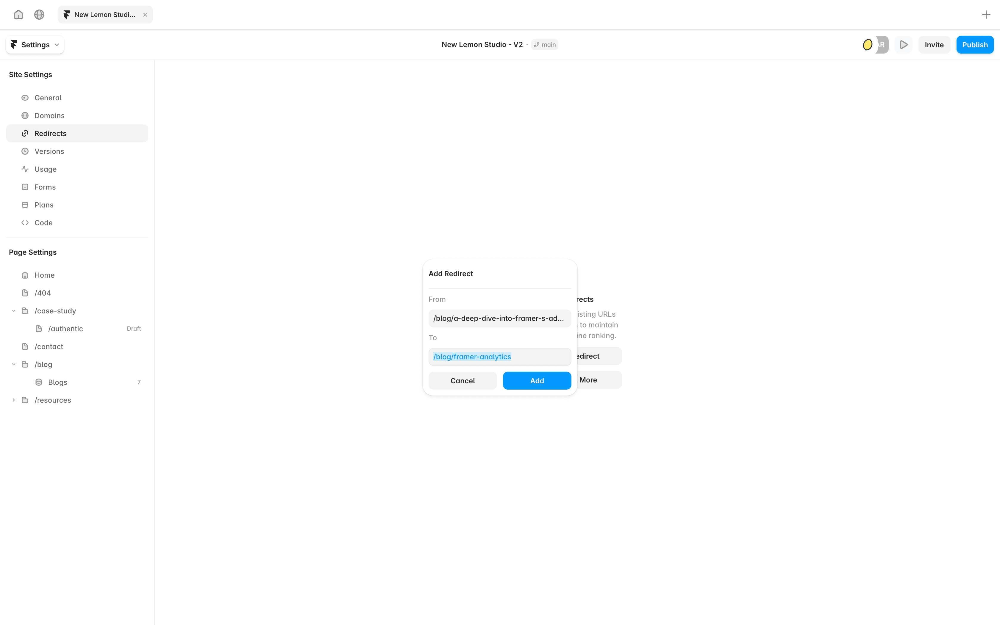 image of Framer UI Add the complete old path as the source and the new article path as the destination.
