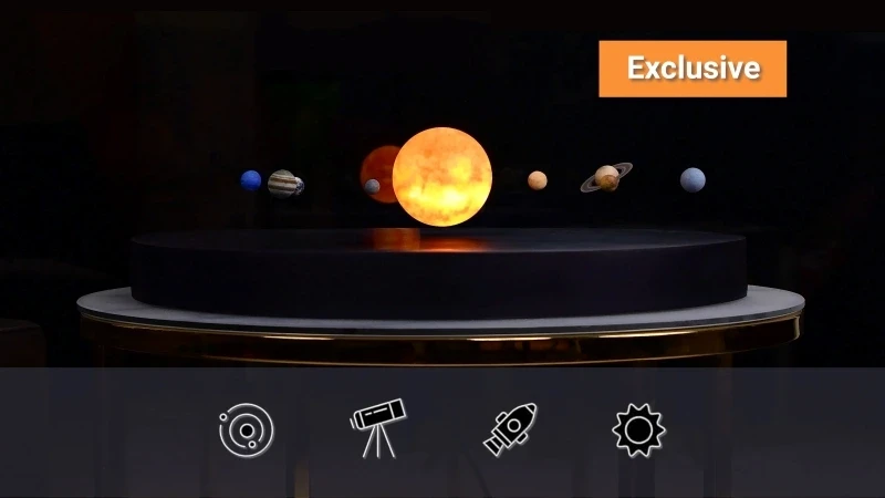 The levitating solar system lamp displayed on a black platform, featuring the Sun and planets in orbit. An "Exclusive" label is in the top right corner. Icons of a planet, telescope, rocket, and gear are at the bottom.