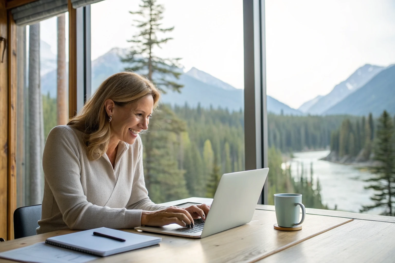 Woman updating a community website on a laptop beside a window looking onto a forested river valley in British Columbia